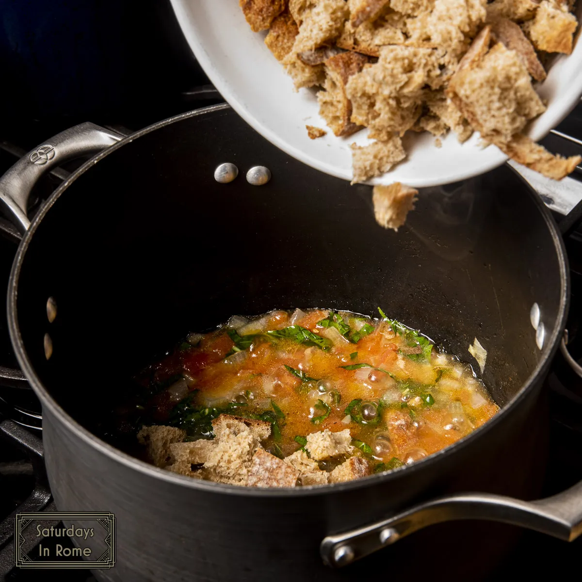 Tuscan Tomato Soup - Adding The Tuscan Bread